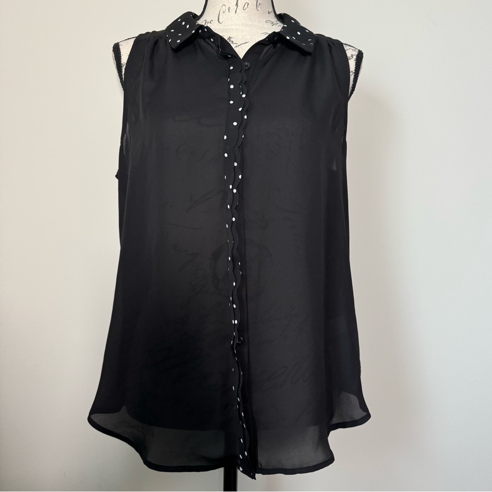 Black scallop Trim Sleeveless Blouse - White Polka Dots
